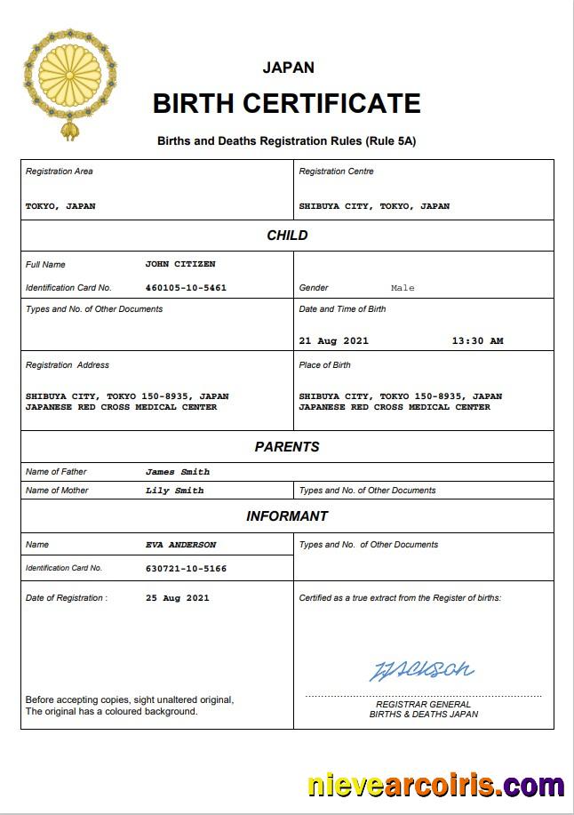 Japan birth certificate